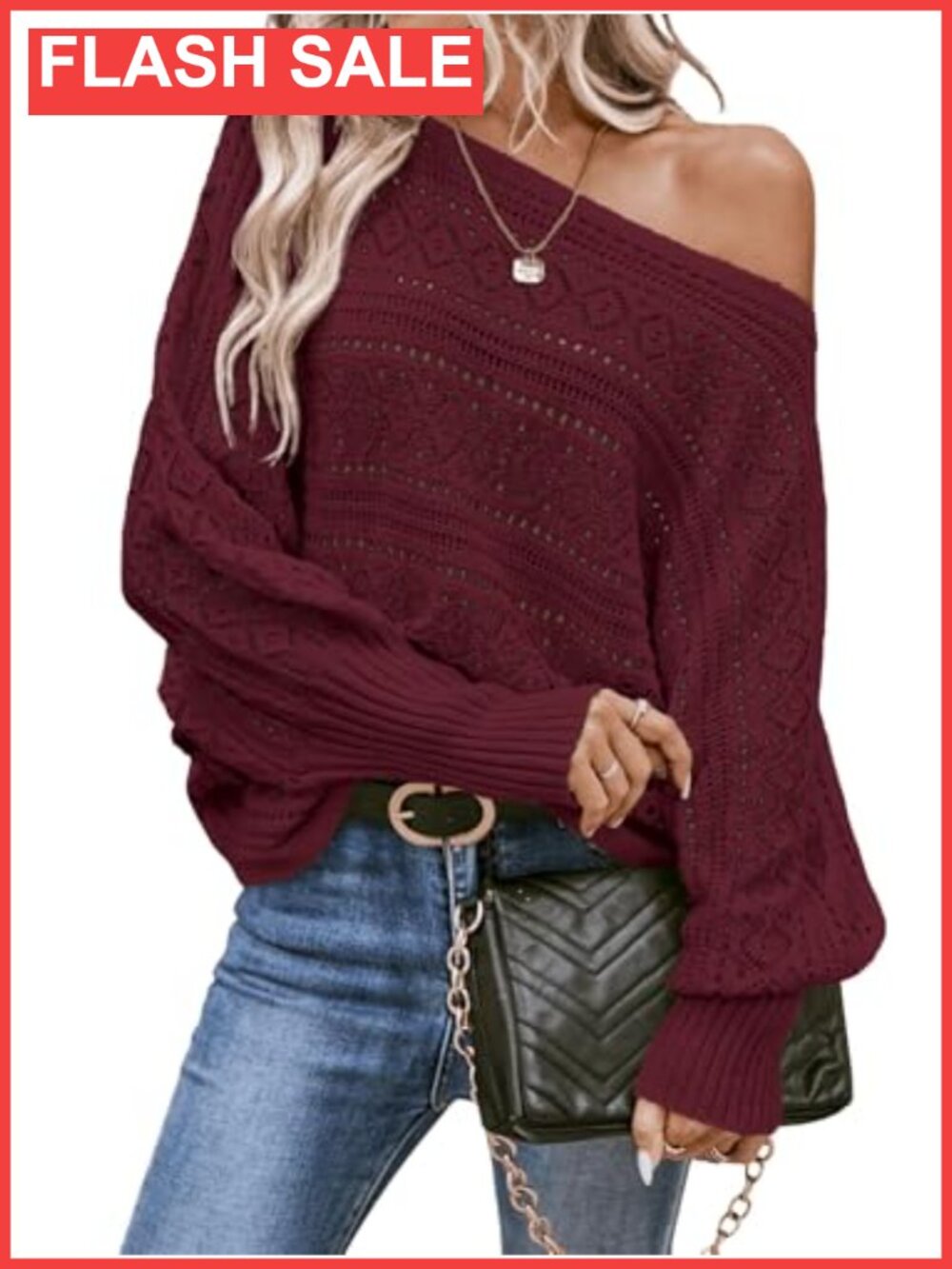Off Shoulder Crochet Dolman Sleeve Oversized Boat Neck Pullover Sweater